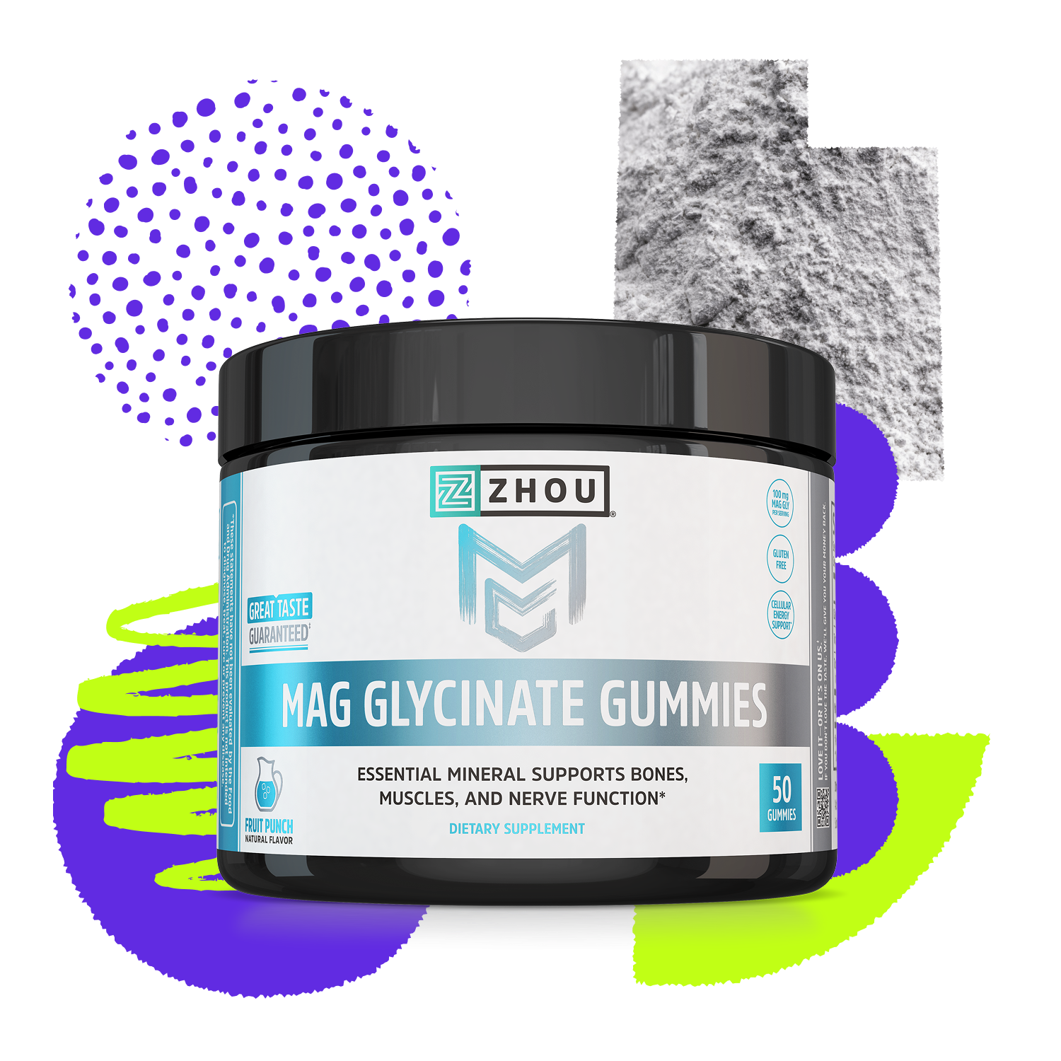 A jar of Zhou Nutrition Mag Glycinate Gummies with colorful shapes supports nerve function and cellular energy.
