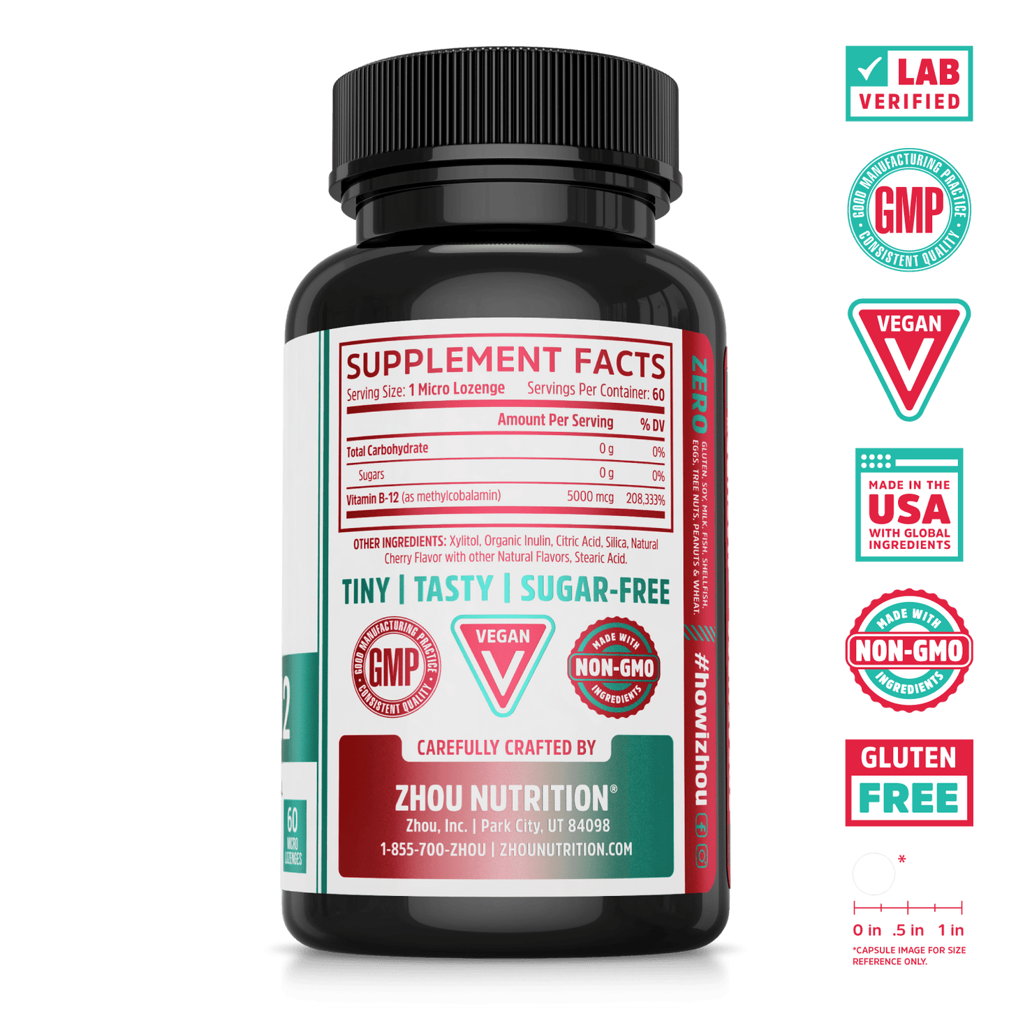 Zhou Nutrition Methyl B-12 sublingual supplement cherry flavor. Lab verified, good manufacturing practices, vegan, made in USA with global ingredients, made with non-GMO ingredients, gluten free.