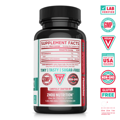 Zhou Nutrition Methyl B-12 sublingual supplement cherry flavor. Lab verified, good manufacturing practices, vegan, made in USA with global ingredients, made with non-GMO ingredients, gluten free.