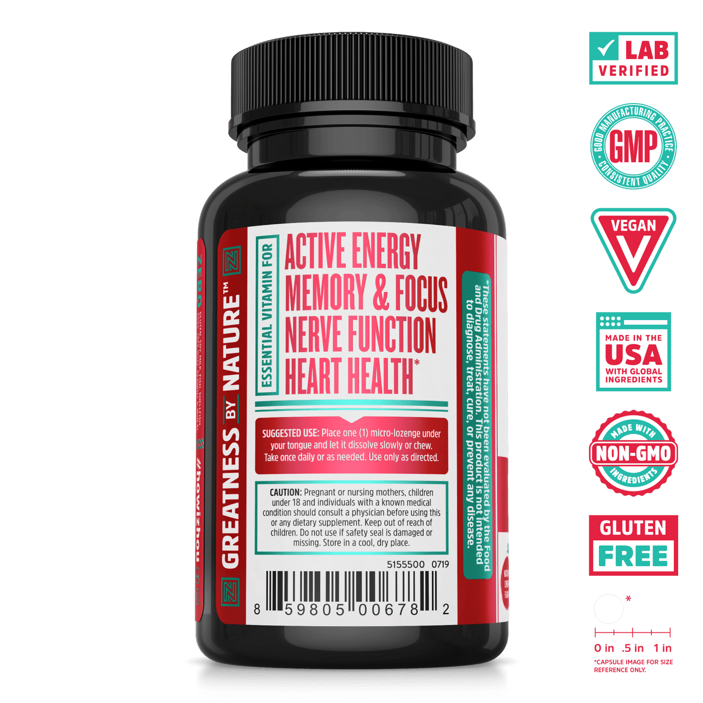 Methyl B-12 sublingual tablet for energy from Zhou Nutrition. Lab verified, good manufacturing practices, vegan, made in USA with global ingredients, made with non-GMO ingredients, gluten free.