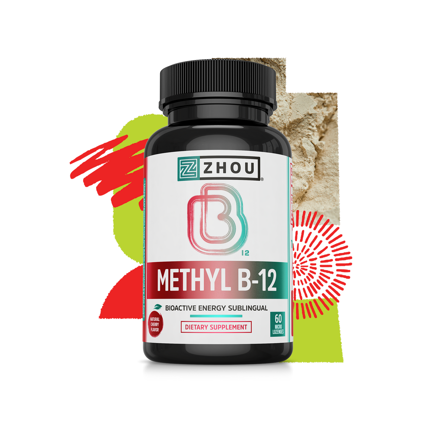 Black bottle of Zhou Nutrition Methyl B12 vegan supplement with colorful abstract shapes in the background.