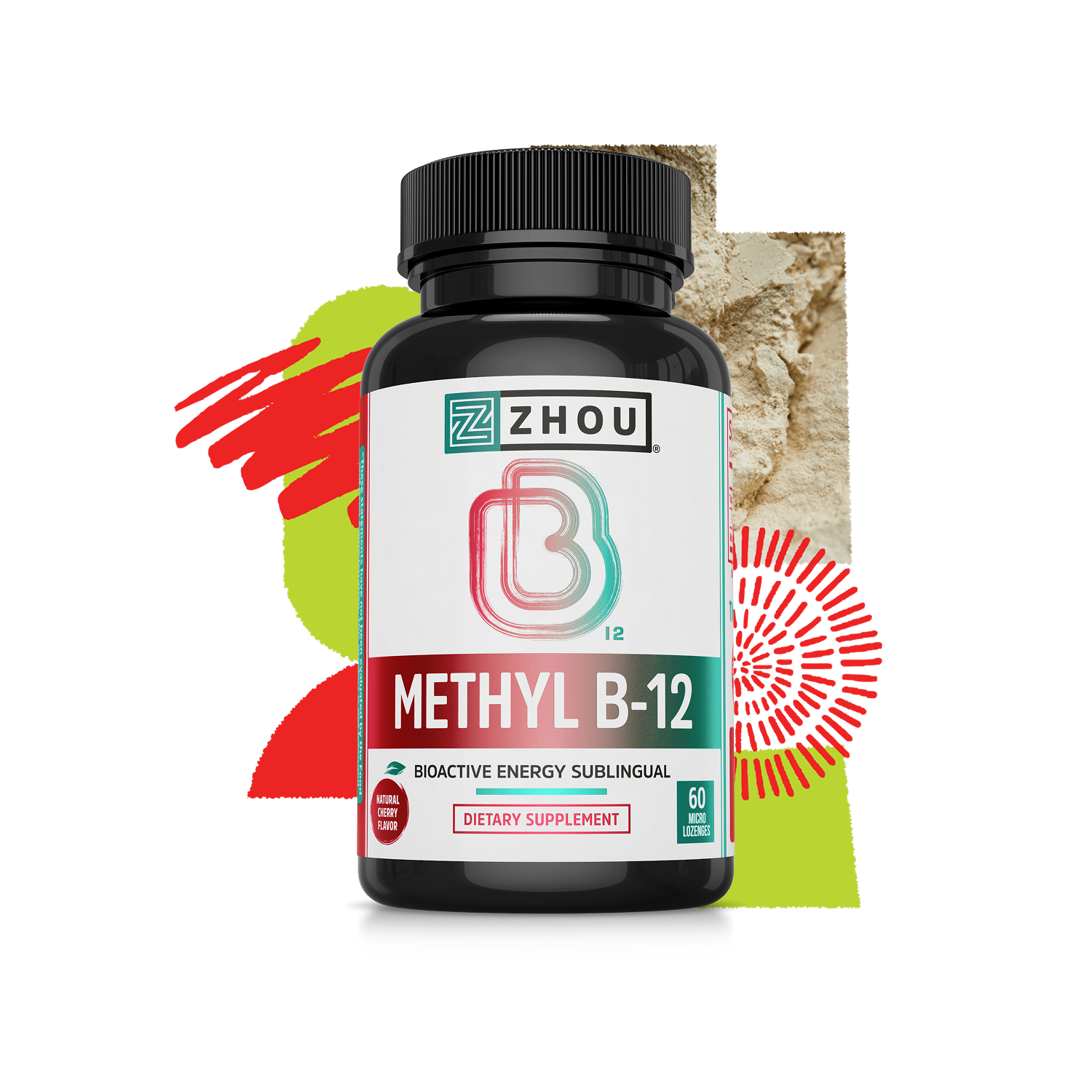 Black bottle of Zhou Nutrition Methyl B12 vegan supplement with colorful abstract shapes in the background.