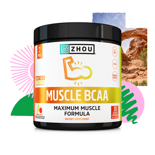Zhou Nutrition Muscle BCAA vegan supplement with colorful abstract shapes and a desert rock arch in the background.