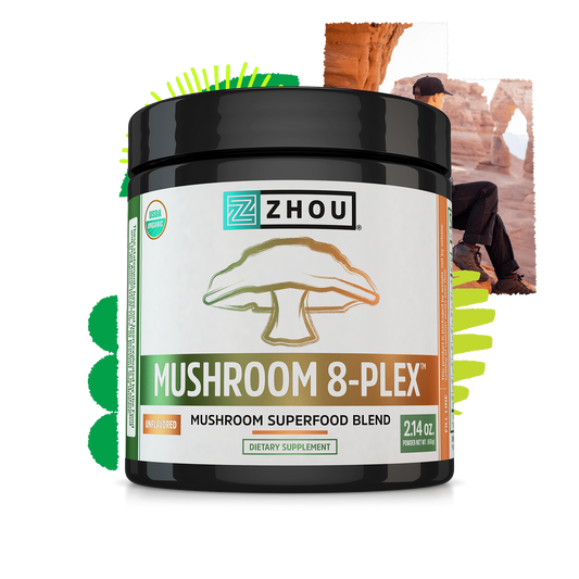 Zhou Nutrition Mushroom 8-Plex jar with green and yellow accents in the background.