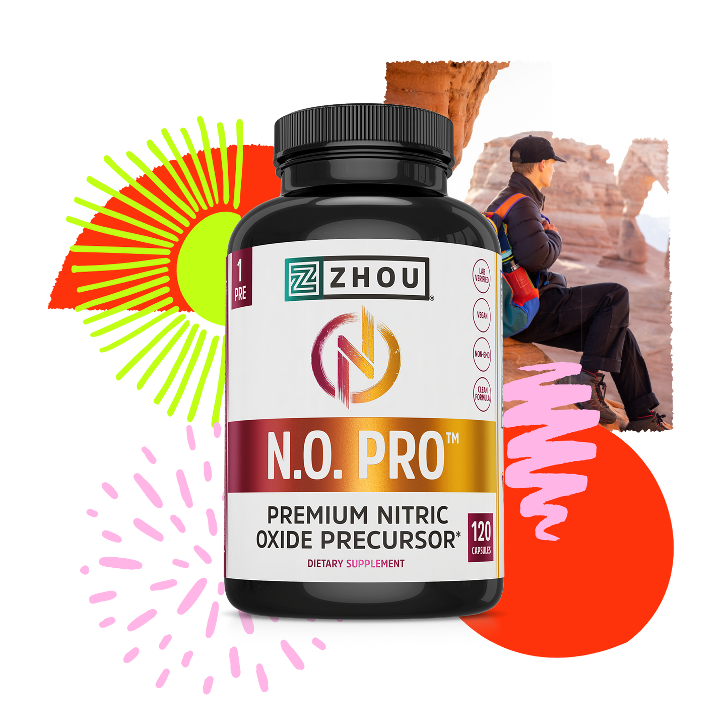 A bottle of Zhou Nutrition N.O. Pro with nitric oxide formula, shown by a hiker resting near a rock formation.