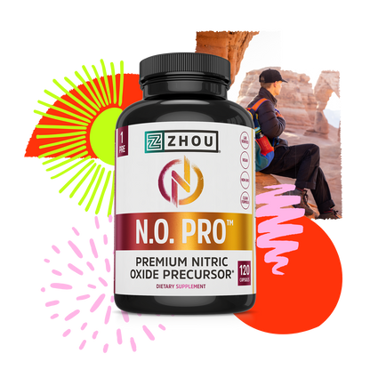 A bottle of Zhou Nutrition N.O. Pro with nitric oxide formula, shown by a hiker resting near a rock formation.