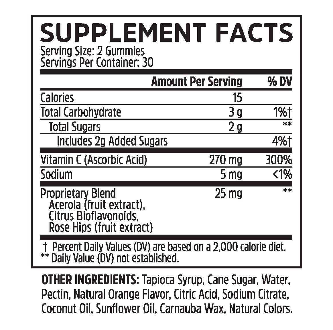 Supplement Facts for Zhou Nutrition Vitamin C+ Gummies: calories, nutrients, collagen support, and daily values per serving.