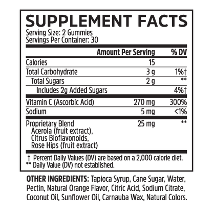 Supplement Facts for Zhou Nutrition Vitamin C+ Gummies: calories, nutrients, collagen support, and daily values per serving.