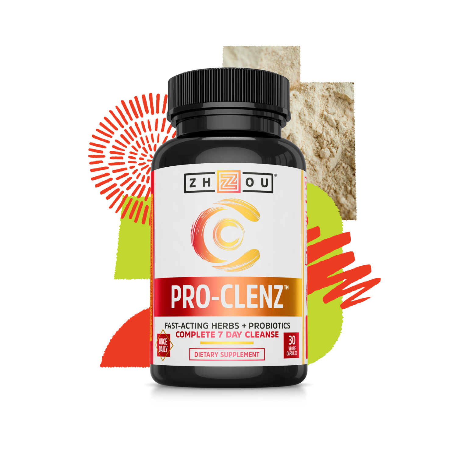 A bottle of Zhou Nutrition Pro-Clenz colon cleanser with vibrant abstract shapes and powder in the background.
