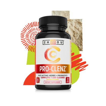 A bottle of Zhou Nutrition Pro-Clenz colon cleanser with vibrant abstract shapes and powder in the background.
