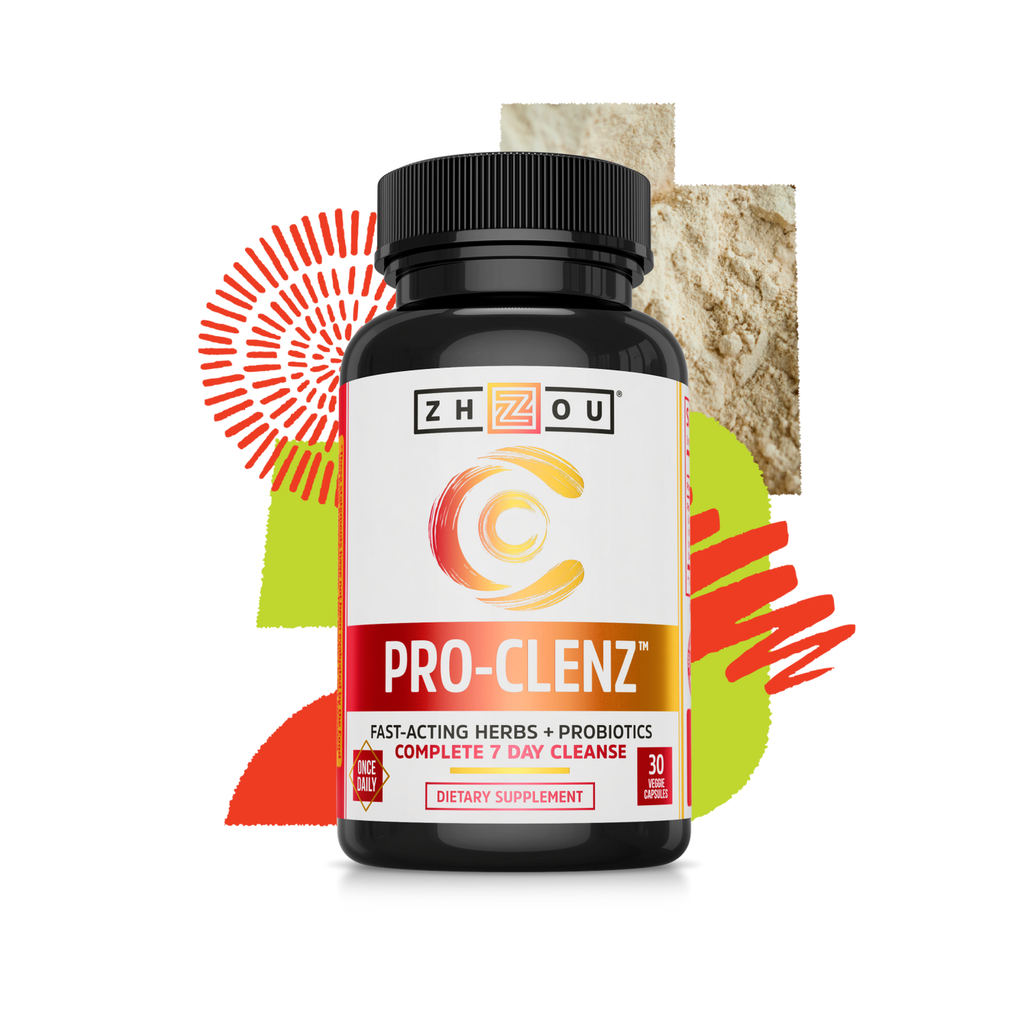 A bottle of Zhou Nutrition Pro-Clenz colon cleanser with vibrant abstract shapes and powder in the background.