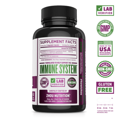 Zhou Nutrition High Potency Resveratrol Capsules. Lab verified, good manufacturing practices, made in the USA with global ingredients, made with non-GMO ingredients, gluten free