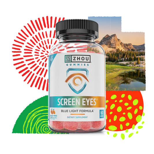 A bottle of Zhou Nutrition Screen Eyes Gummies is displayed with vibrant graphics and a scenic mountain backdrop.