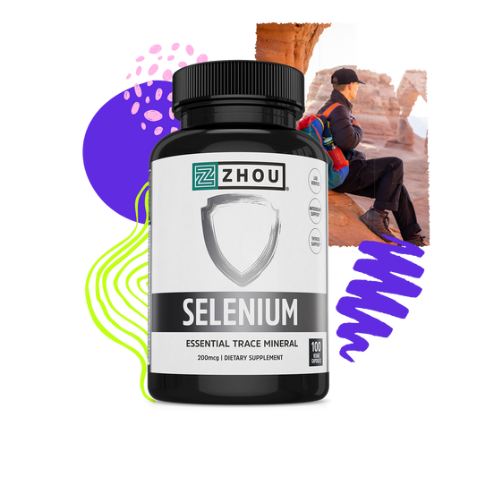 A bottle of Zhou Nutrition Selenium, for thyroid support, with a hiker by a rock arch and colorful graphics behind.