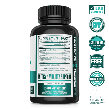 Zhou Nutrition Spirulina Superfood Tablets. Lab verified, good manufacturing practices, california grown, pesticides & herbicides free, made with non-GMO ingredients