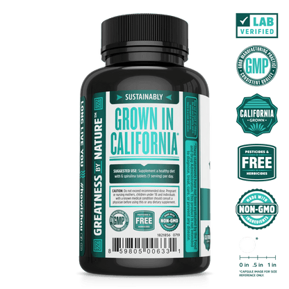 Zhou Nutrition Sustainably Grown Spirulina Tablets. Lab verified, good manufacturing practices, california grown, pesticides & herbicides free, made with non-GMO ingredients