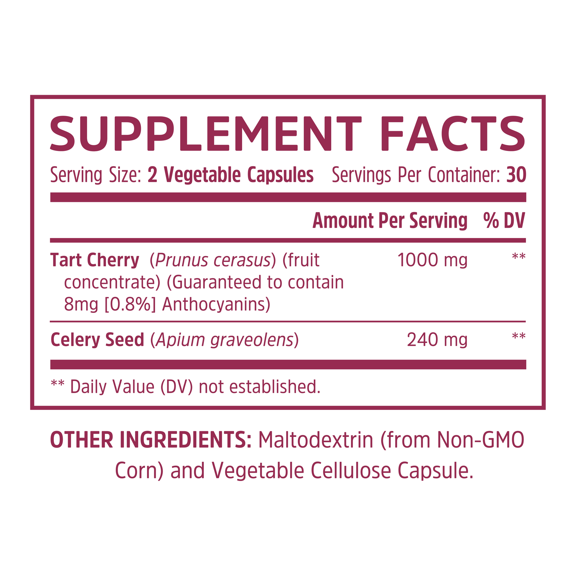 Zhou Nutrition Tart Cherry Extract + Celery Seed capsules: tart cherry extract, celery seed, maltodextrin, vegetable cellulose.