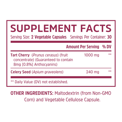 Zhou Nutrition Tart Cherry Extract + Celery Seed capsules: tart cherry extract, celery seed, maltodextrin, vegetable cellulose.