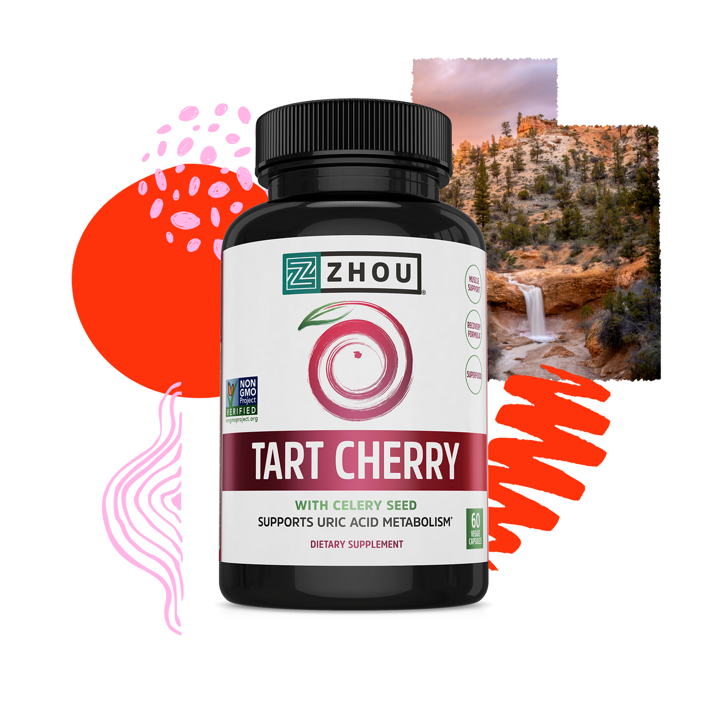 A bottle of Zhou Nutrition Tart Cherry Extract + Celery Seed set against a vibrant abstract background with nature imagery.