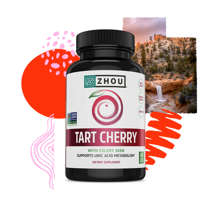 A bottle of Zhou Nutrition Tart Cherry Extract + Celery Seed set against a vibrant abstract background with nature imagery.