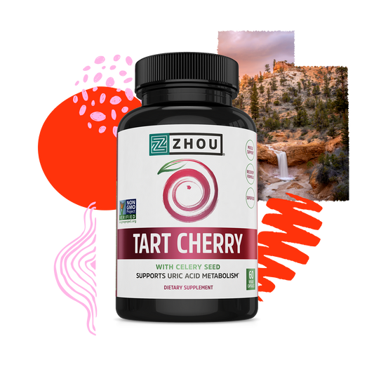 A bottle of Zhou Nutrition Tart Cherry Extract + Celery Seed set against a vibrant abstract background with nature imagery.