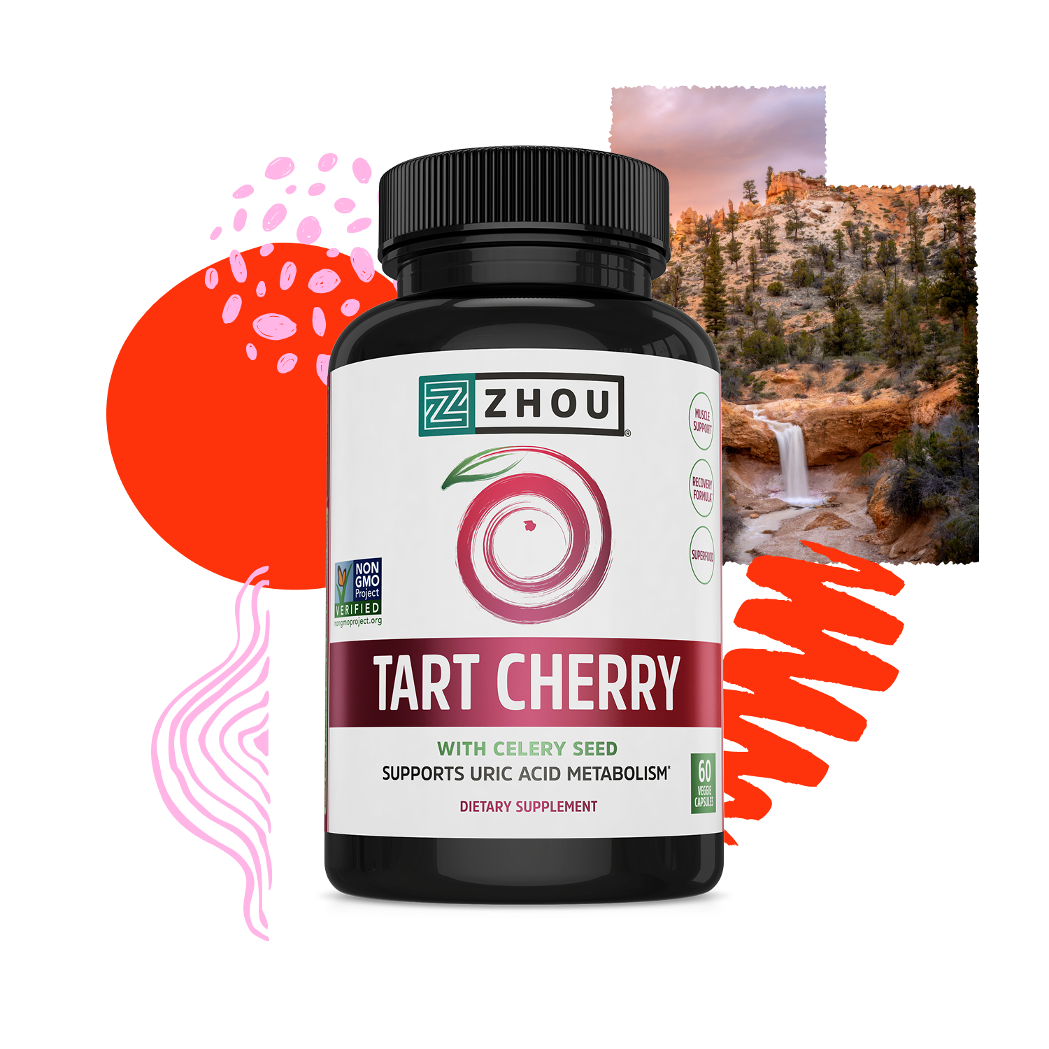 A bottle of Zhou Nutrition Tart Cherry Extract + Celery Seed set against a vibrant abstract background with nature imagery.