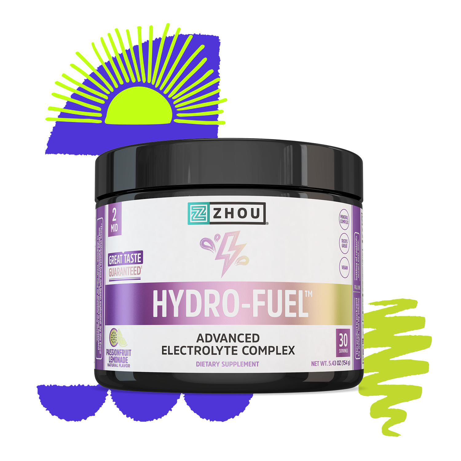 A jar of Zhou Nutrition Hydro-Fuel electrolyte powder with abstract sun and wave graphics in the background.