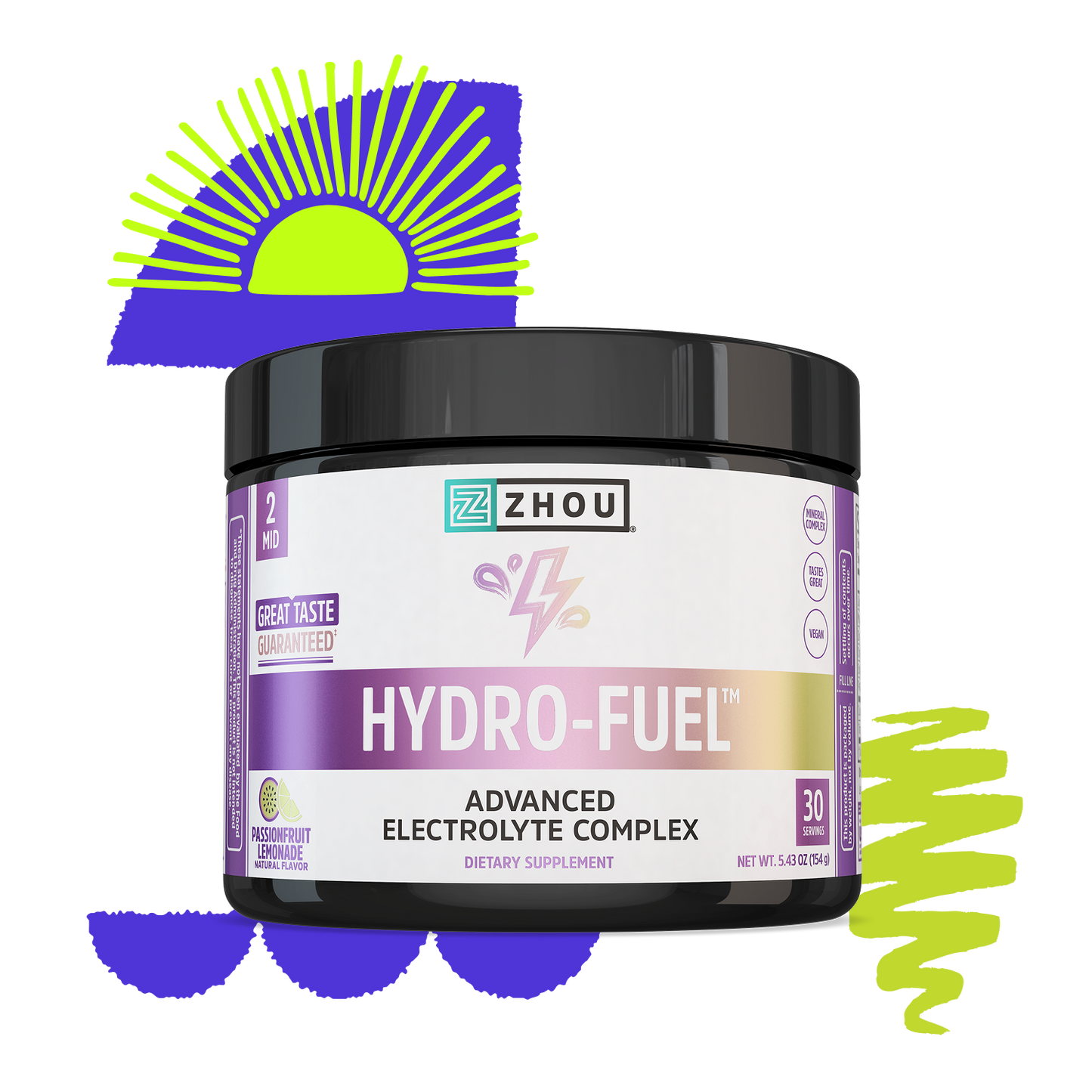 A jar of Zhou Nutrition Hydro-Fuel electrolyte powder with abstract sun and wave graphics in the background.