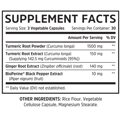 Zhou Nutrition Turmeric supplement facts: per 3-capsule serving—curcuminoids, ginger root & BioPerine amounts listed.