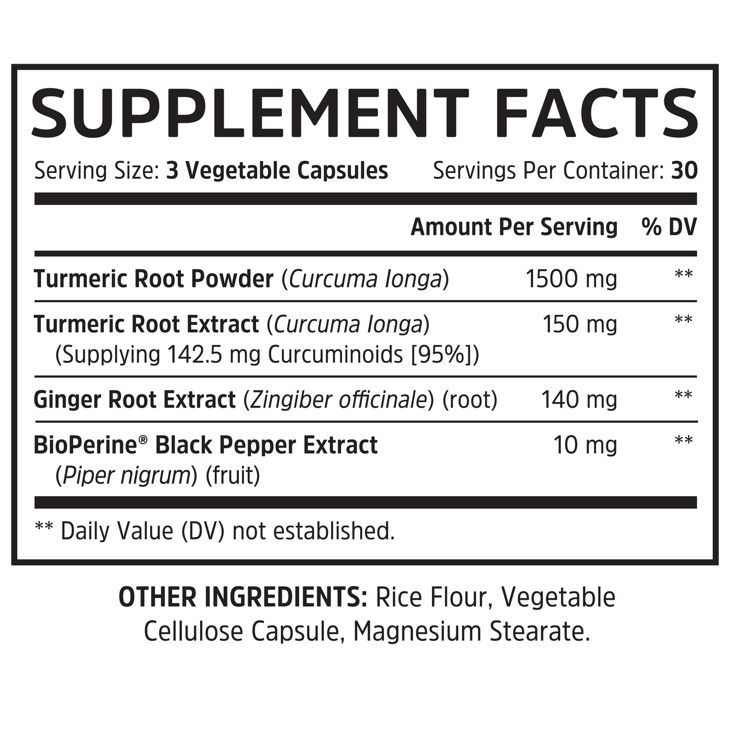Zhou Nutrition Turmeric supplement facts: per 3-capsule serving—curcuminoids, ginger root & BioPerine amounts listed.