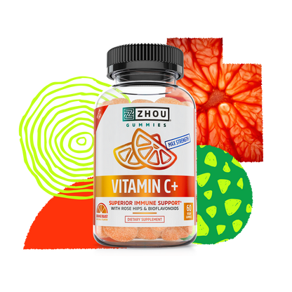 A bottle of Zhou Nutrition Vitamin C+ Gummies for immune support, with colorful citrus fruit in the background.