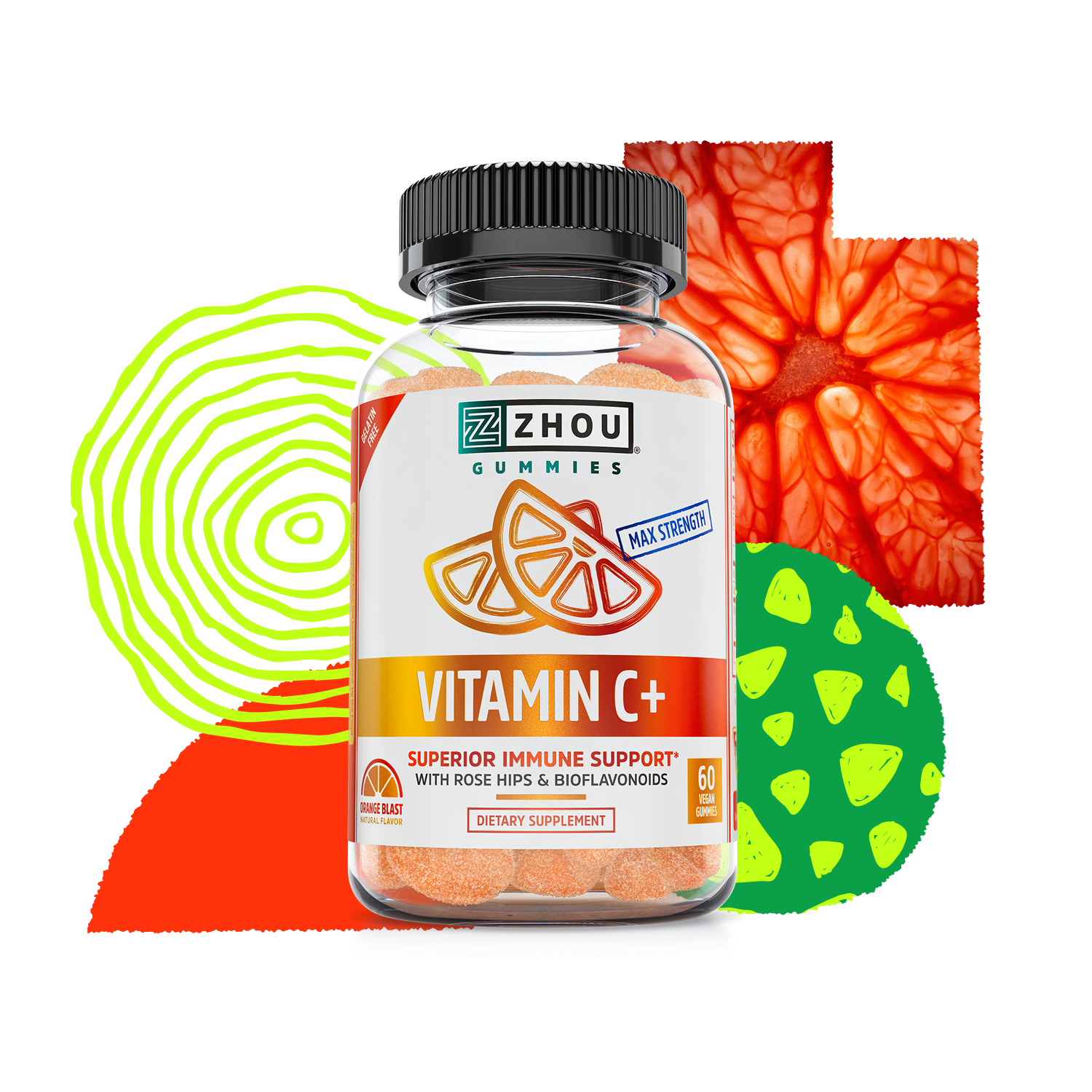 A bottle of Zhou Nutrition Vitamin C+ Gummies for immune support, with colorful citrus fruit in the background.