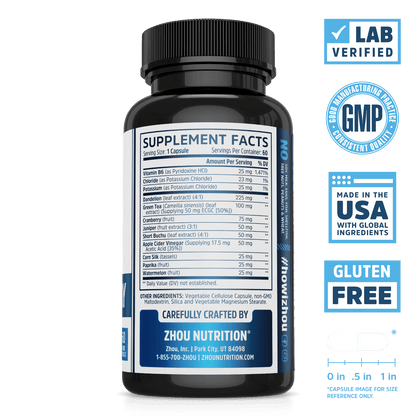 Zhou Nutrition Water Away for Healthy Fluid Balance. Bottle side. Lab verified, good manufacturing practices, made in the USA with global ingredients, gluten free.
