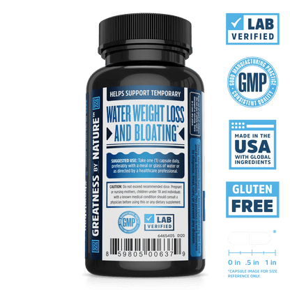 Zhou Nutrition Water Away bloating supplement. Bottle side. Lab verified, good manufacturing practices, made in the USA with global ingredients, gluten free.