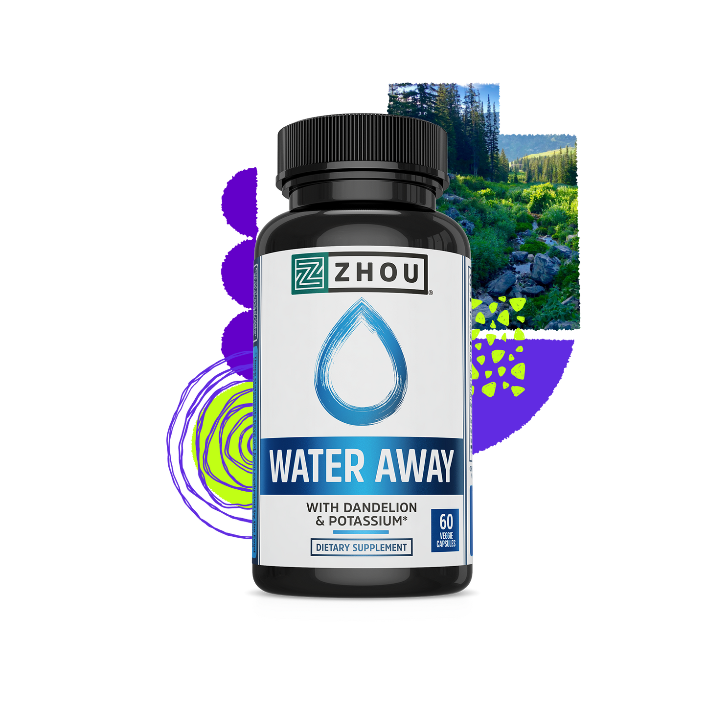 A bottle of Zhou Nutrition Water Away for bloating, with forest scenery and abstract shapes in the background.