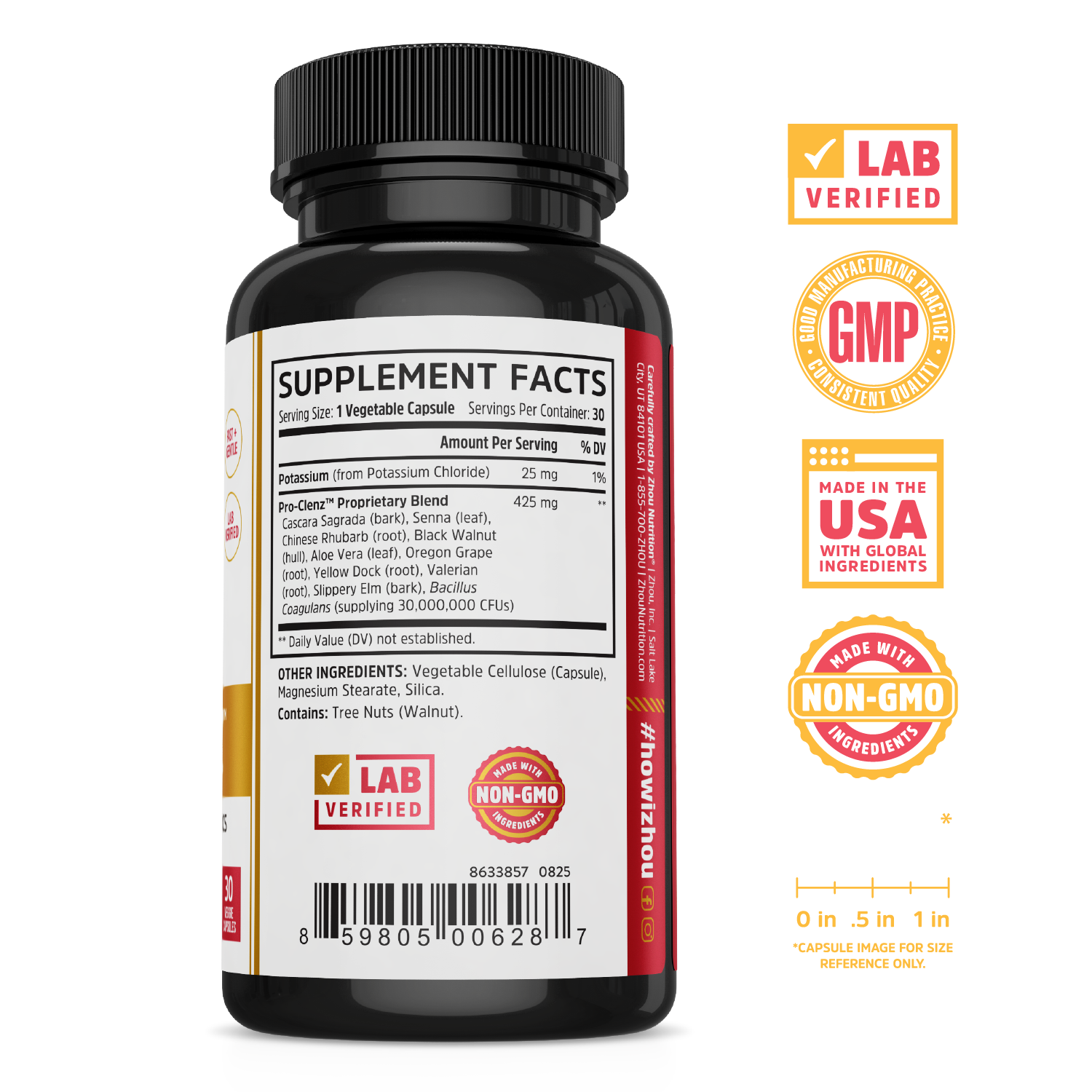 Pro-Clenz by Zhou Nutrition: black bottle with Supplement Facts label, great detox supplement for cleanse and wellness.