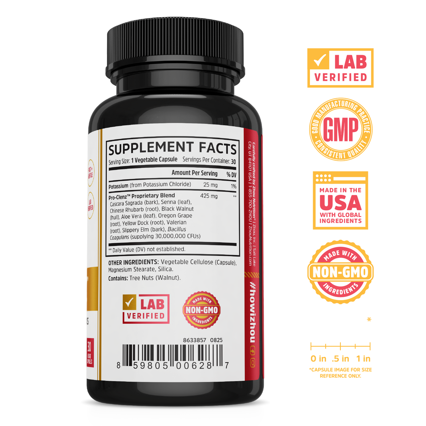 Pro-Clenz by Zhou Nutrition: black bottle with Supplement Facts label, great detox supplement for cleanse and wellness.