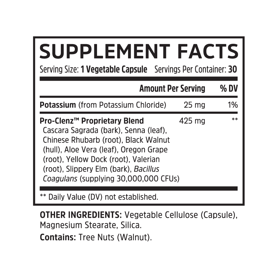 Pro-Clenz by Zhou Nutrition supplement facts label lists ingredients, serving size, and daily values.