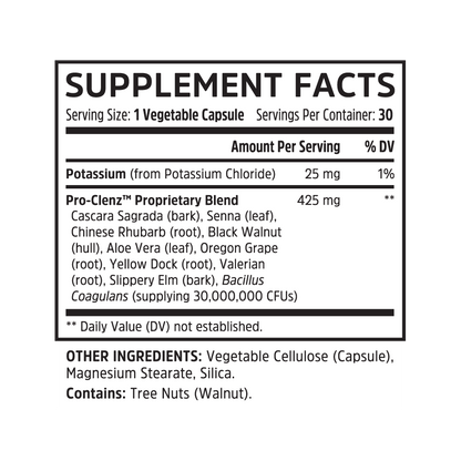 Pro-Clenz by Zhou Nutrition supplement facts label lists ingredients, serving size, and daily values.