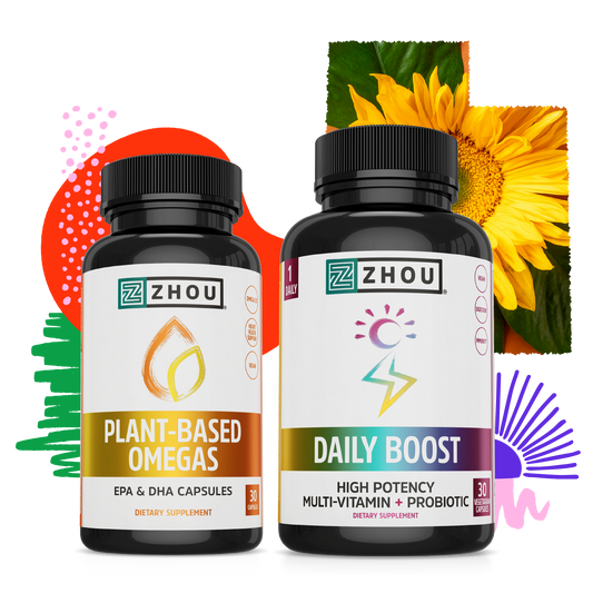 Zhou Nutrition's Plant Based Omegas + Daily Boost Bundle stands before vibrant floral and abstract designs.
