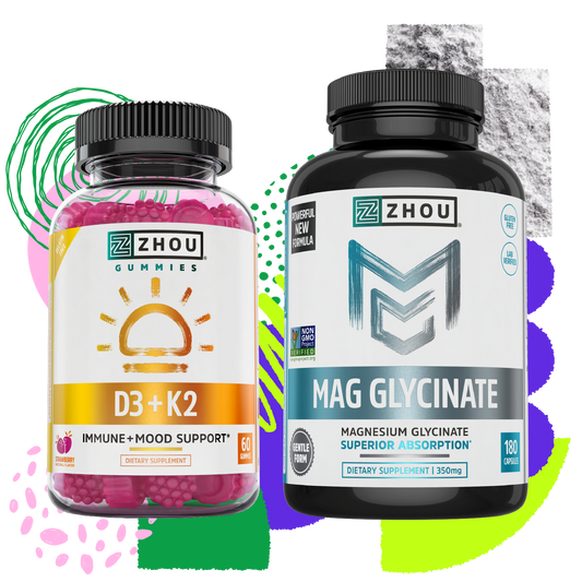 Zhou Nutrition Magnesium Glycinate & D3+K2 Gummies Bundle bottles, set against abstract shapes.