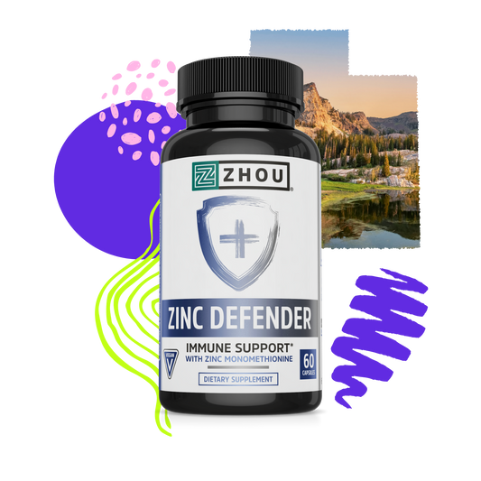 Zhou Nutrition Zinc Defender bottle with colorful abstract shapes and a landscape photo in the background is shown.
